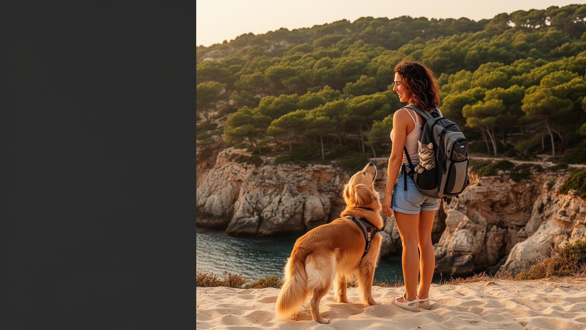 Viajera con su perro y su gato frente a una cala mediterránea